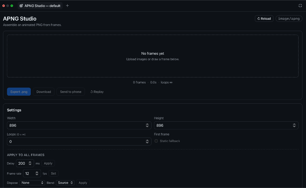 An animated walkthrough of the APNG Studio canvas building an animation from frames
