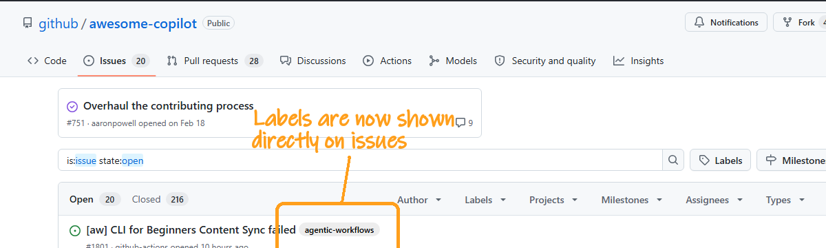 Issues list with labels annotated